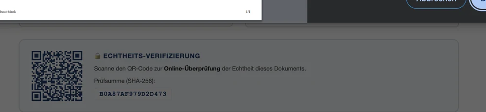 QR-Code und SHA-256-Prüfsumme zur Echtheitsprüfung eines Palettenscheins